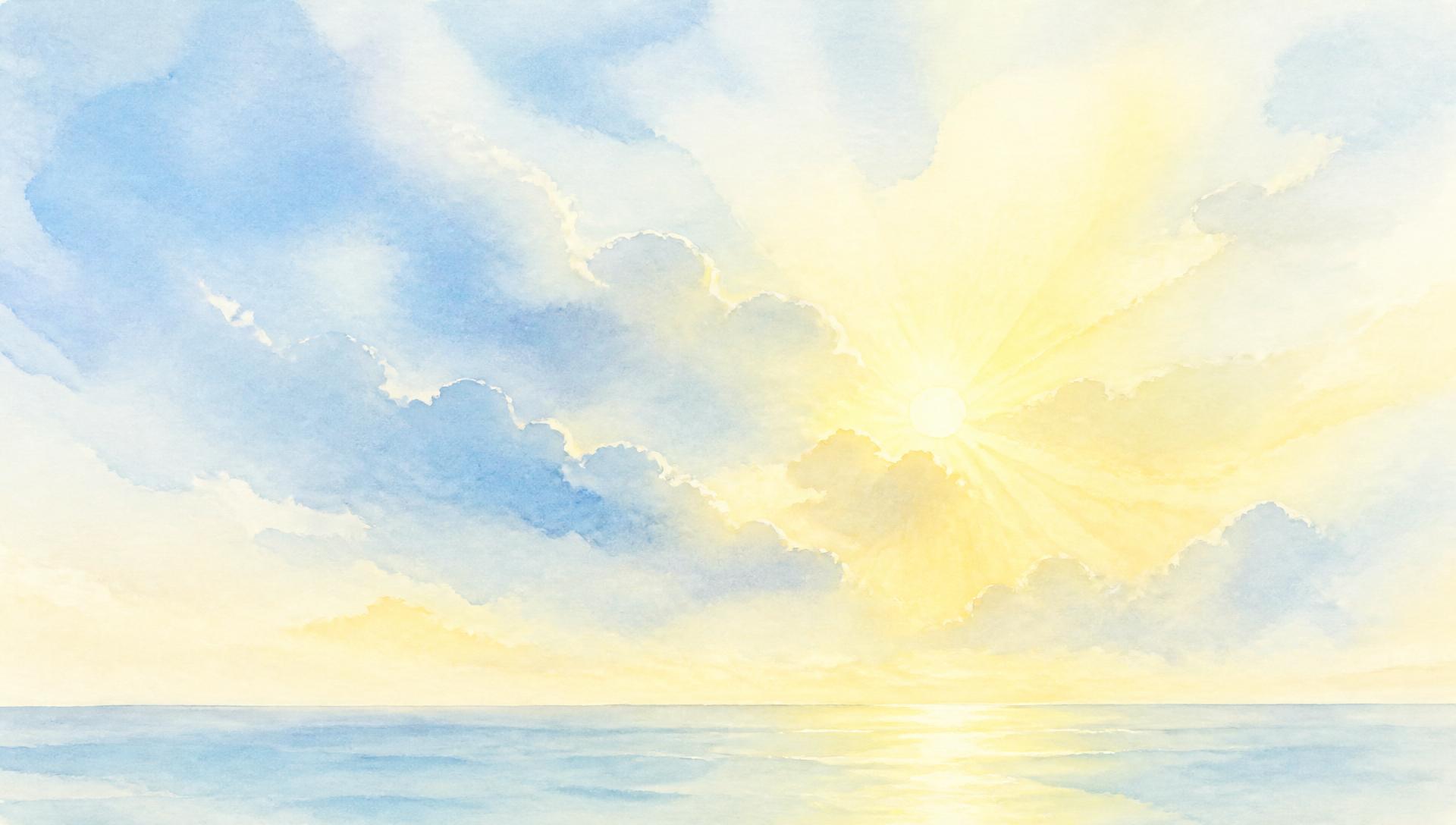 A soft watercolor sunrise, warm light spreading over a calm sea